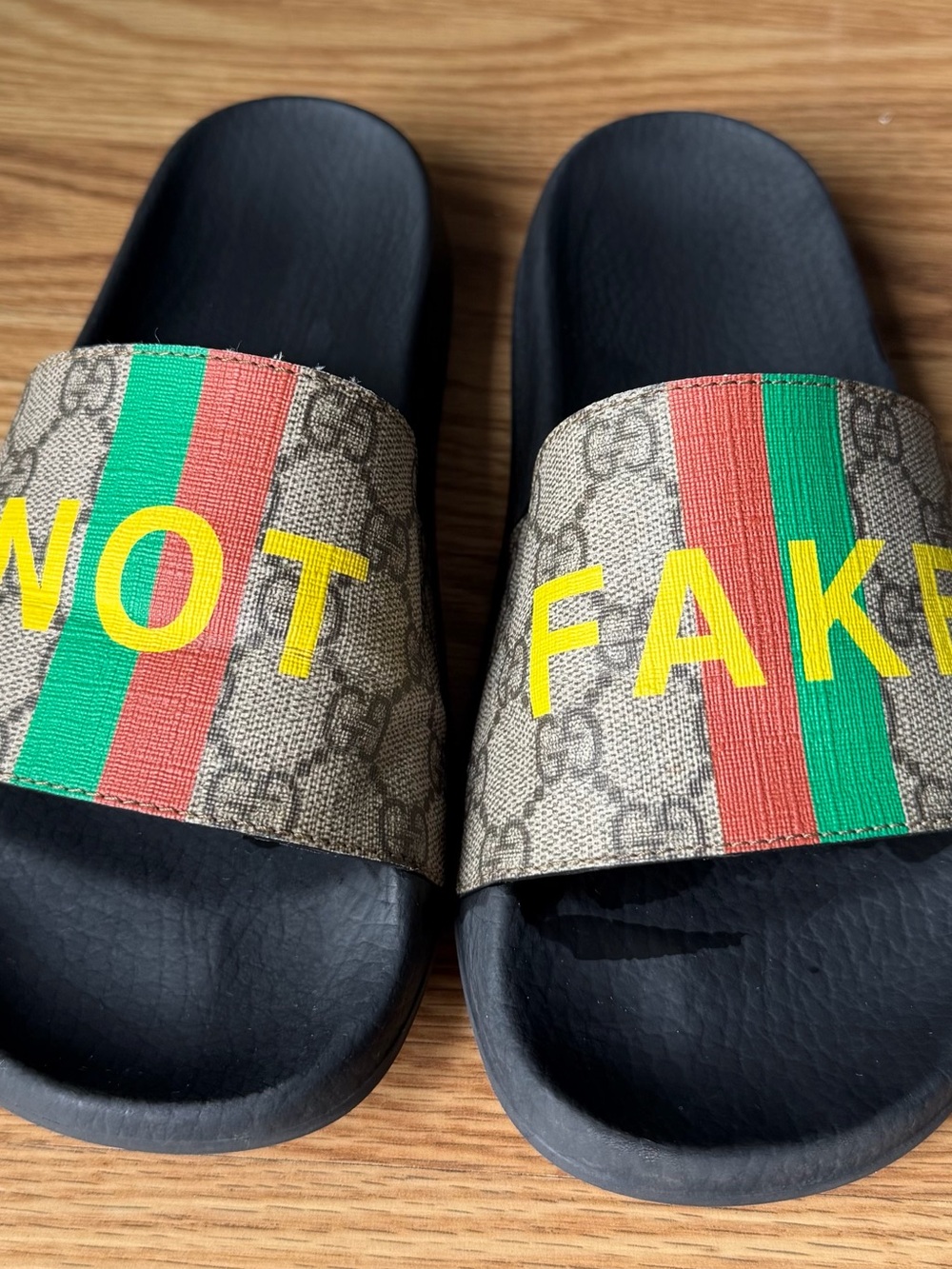 Gucci GG Supreme Black Slides with Green & Red Stripe and Yellow NOT FAKE Print